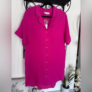 New In Vibrant Fuchsia Button-Down Gauze Shirt Dress NWT